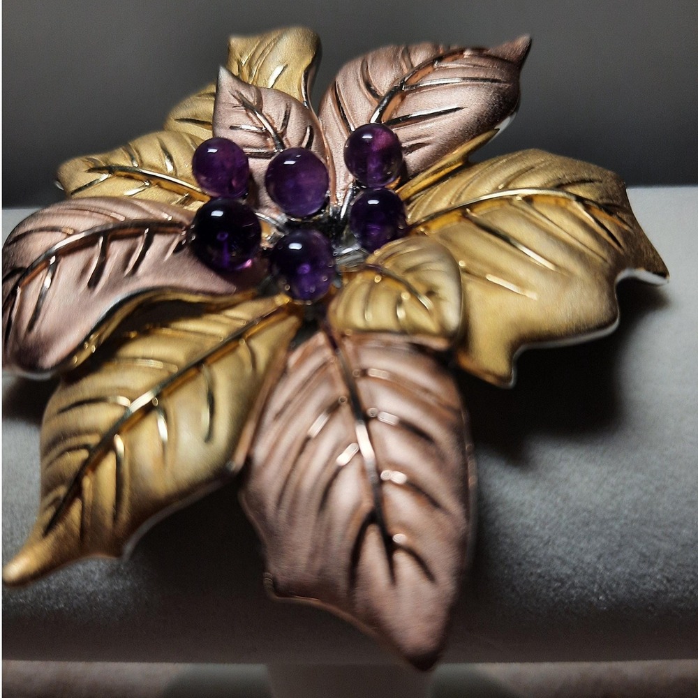 Amethyst leaf pendant sterling silver 14k yellow rose gold plating LARGE HEAVY